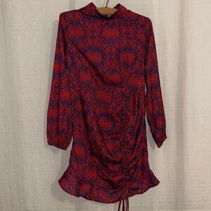MORRISDAY M Red Navy Snake Print Mock Neck Long Sleeve Back Zip Dress